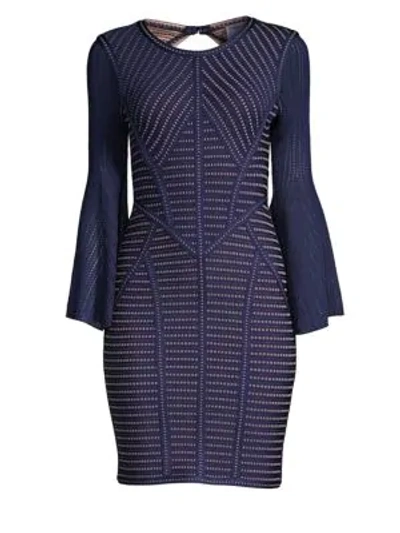 Shop Herve Leger Jacquard Bell Sleeve Sheath Dress In Classic Blue Combo