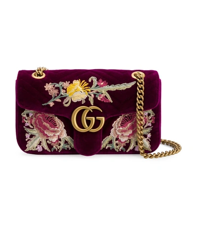 Shop Gucci Gg Marmont Embroidered Shoulder Bag In Burgundy