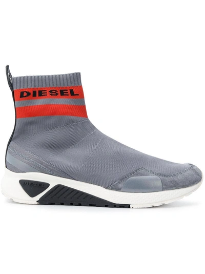 Shop Diesel Logo Sock Sneakers In Grey
