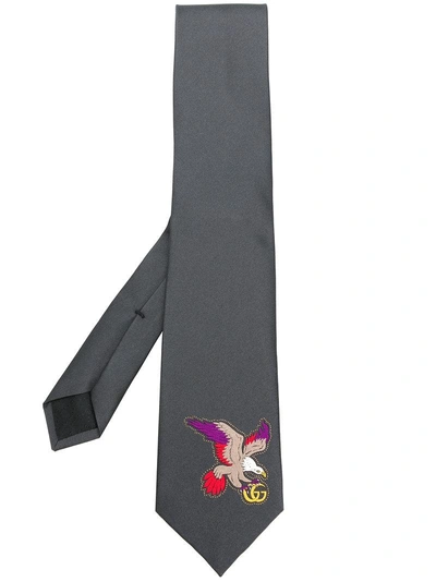 Shop Gucci Eagle Embroidered Tie - Grey