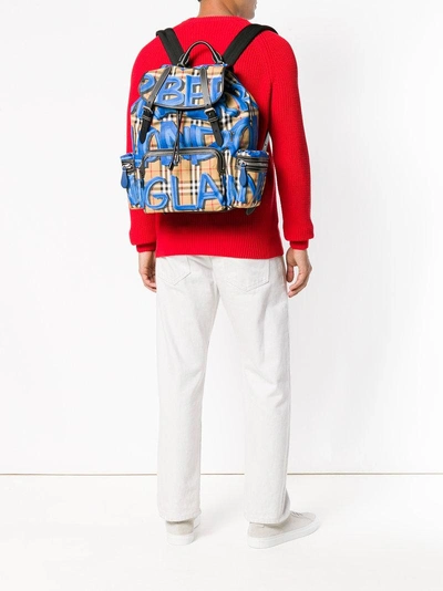 Shop Burberry Graffiti Vintage Check Medium Backpack - Blue