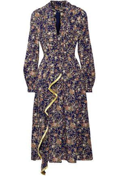 Shop Adam Lippes Fringe-trimmed Metallic Floral-print Silk-georgette Midi Dress In Navy