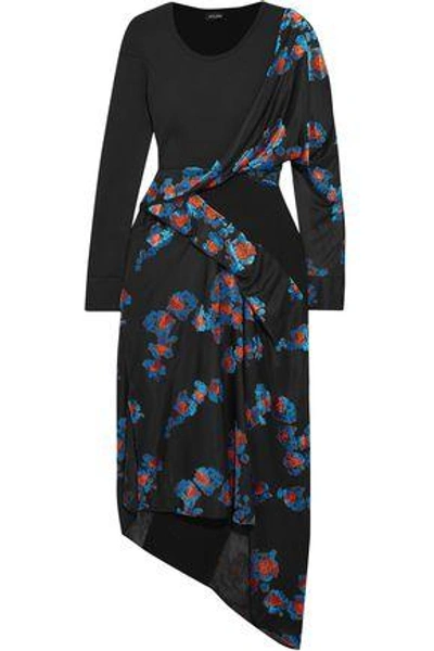 Shop Atlein Woman Asymmetric Paneled Devoré-velvet And Ribbed-jersey Dress Black