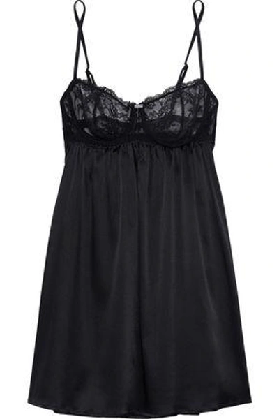 Shop Id Sarrieri Woman Silk-blend Satin And Crystal-embellished Lace Chemise Black