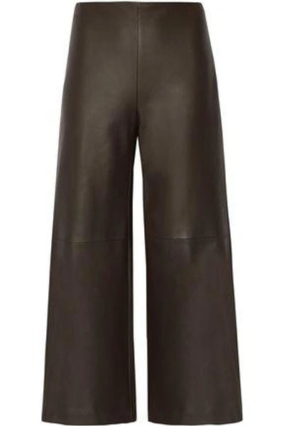Shop Adam Lippes Woman Cropped Leather Wide-leg Pants Dark Brown
