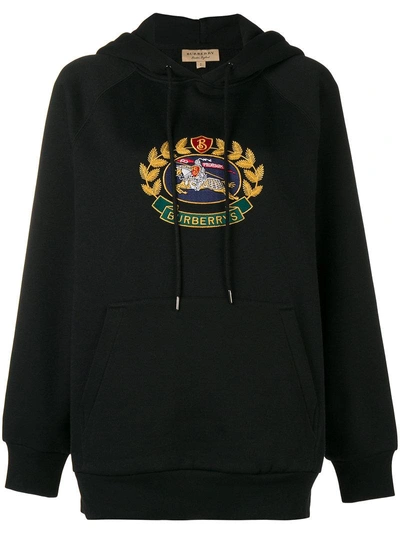 Shop Burberry Embroidered Archive Logo Hoodie In Black
