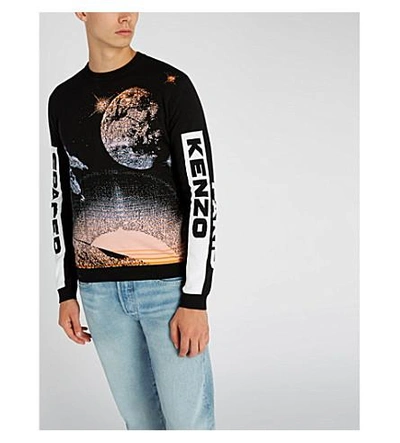 Shop Kenzo Logo Intarsia-knit Cotton And Wool-blend Sweater In Black