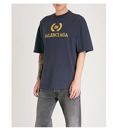 Balenciaga Bb Leaf-logo Cotton-jersey T-shirt In Navy | ModeSens