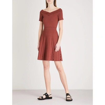 Shop Sandro V-neck Ribbed-knit Mini Dress In Terre De Feu