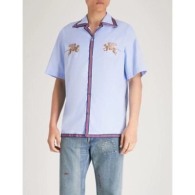 Shop Gucci Flying Tiger-embroidered Regular-fit Cotton Shirt In Blue