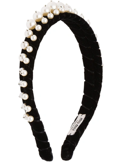 Shop Miu Miu Pearl Embellished Headband - Black