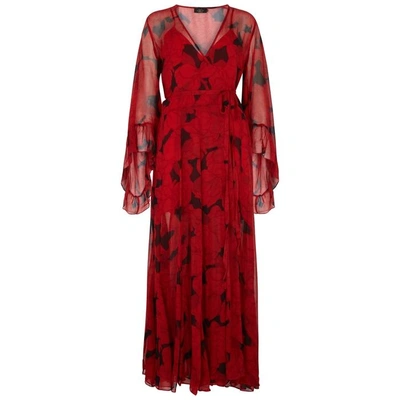 Shop De La Vali Oswalda Printed Silk Chiffon Wrap Dress In Red