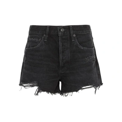 Shop Agolde Parker Distressed Denim Shorts In Black
