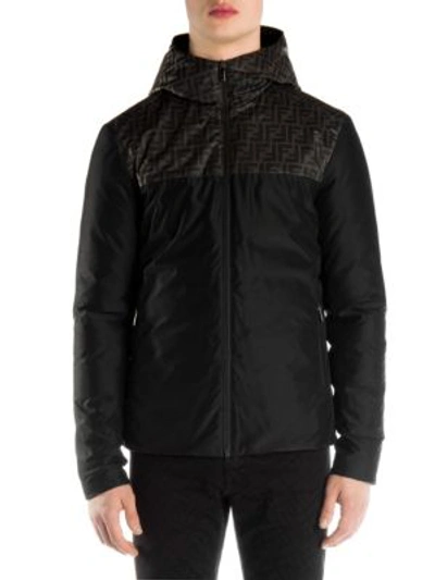 Shop Fendi Logo Print Hooded Jacket In Black