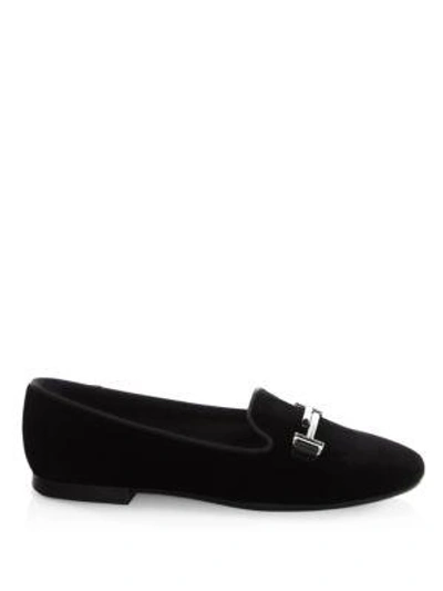 Shop Tod's Mini Double T Velvet Loafers In Black