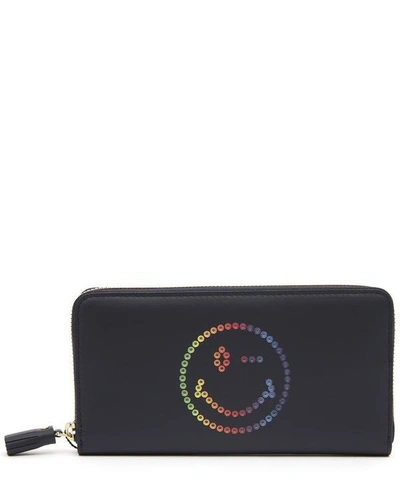 Shop Anya Hindmarch Large Rainbow Wink Circus Leather Zip-around Wallet In Blue