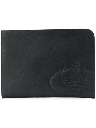Shop Prada Logo Stamp Saffiano Tablet Case - Black