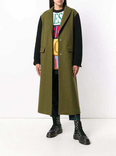Shop Msgm Belted Ribbed Sleeve Coat In Green