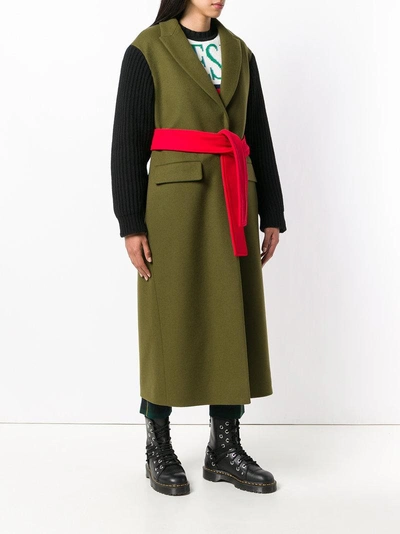 Shop Msgm Belted Ribbed Sleeve Coat In Green
