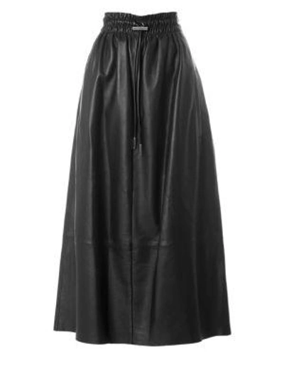 Shop Tibi Leather Drawstring Waist Full Skirt In Black