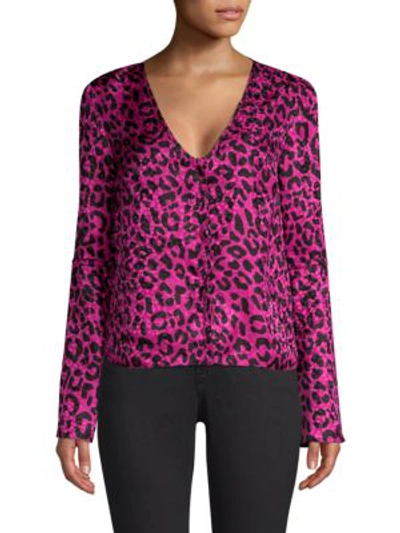Shop Milly Leopard Print Silk Jacquard Blouse In Magenta