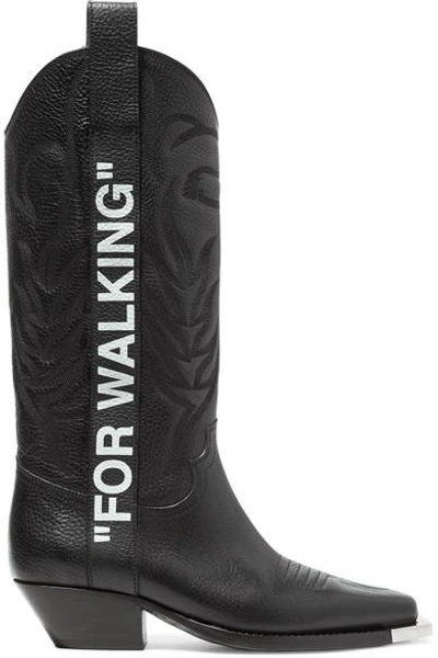 Shop Off-white For Walking Embroidered Printed Textured-leather Knee Boots In Black