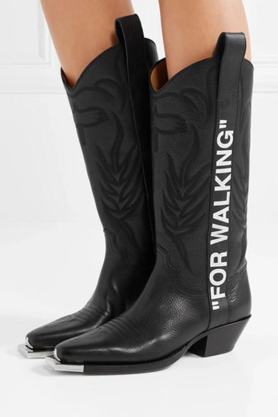 Shop Off-white For Walking Embroidered Printed Textured-leather Knee Boots In Black