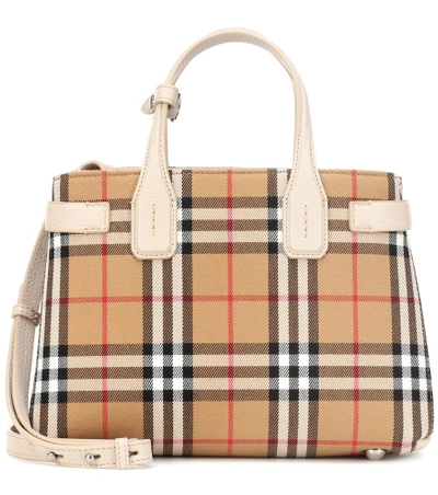 Shop Burberry The Small Banner Check Tote In Beige