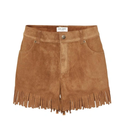 Shop Saint Laurent Fringed Suede Shorts In Brown