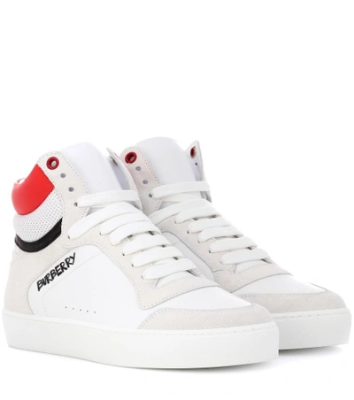 Shop Burberry Leather High-top Sneakers In White