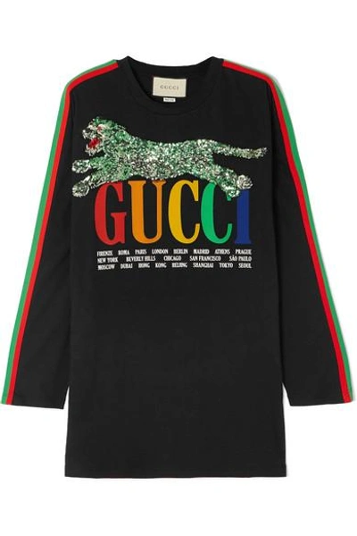 Shop Gucci Sequined Printed Cotton-jersey T-shirt In Black
