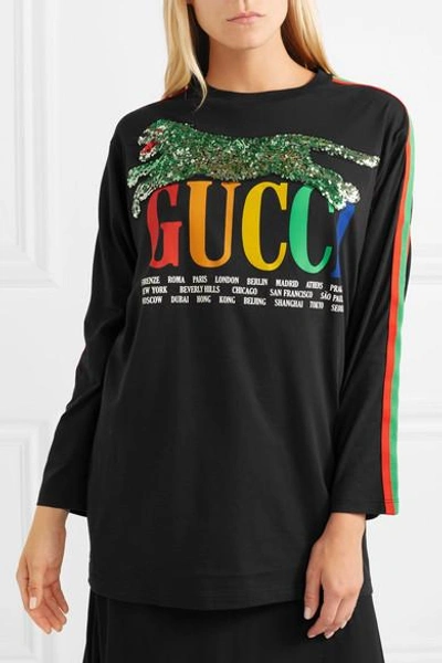 Shop Gucci Sequined Printed Cotton-jersey T-shirt In Black