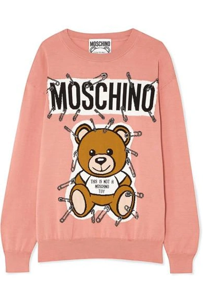 Shop Moschino Teddy Intarsia Cotton Sweater In Antique Rose