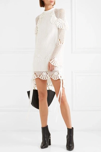 Shop Self-portrait Macramé Lace-trimmed Crochet-knit Mini Dress In Ivory