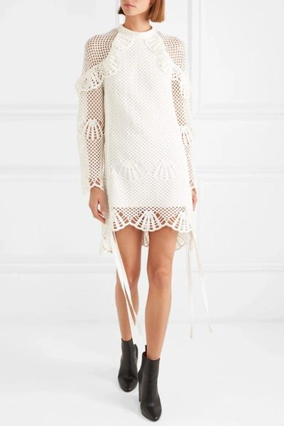 Shop Self-portrait Macramé Lace-trimmed Crochet-knit Mini Dress In Ivory