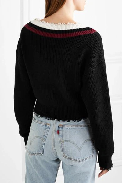 Shop Alexander Wang T Cropped Frayed Cotton-blend Sweater In Black