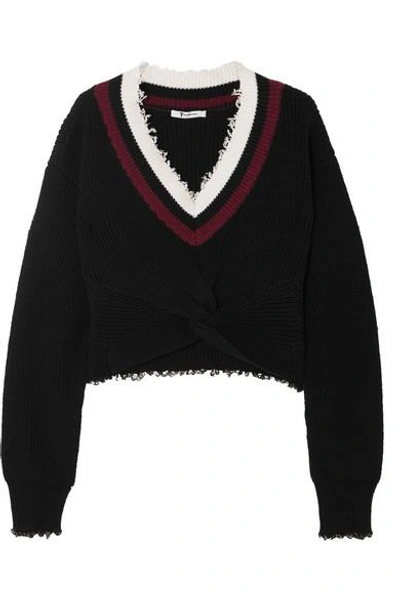 Shop Alexander Wang T Cropped Frayed Cotton-blend Sweater In Black