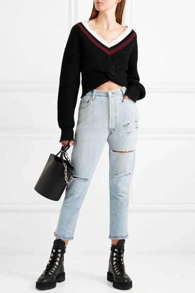 Shop Alexander Wang T Cropped Frayed Cotton-blend Sweater In Black