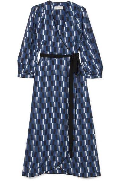 Shop Cefinn Printed Satin Wrap Midi Dress In Blue