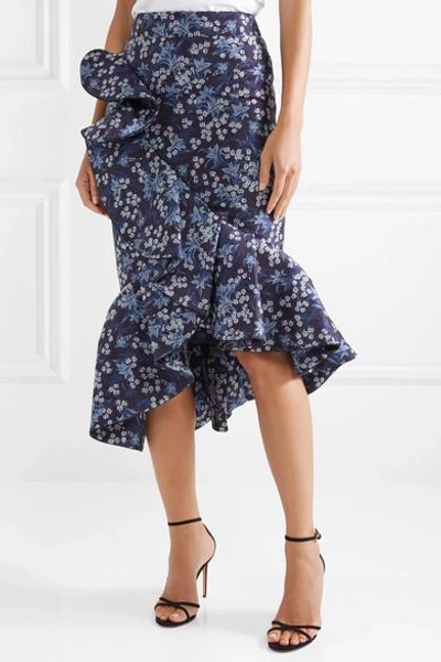 Shop Johanna Ortiz Belladonna Ruffled Floral-jacquard Skirt In Blue