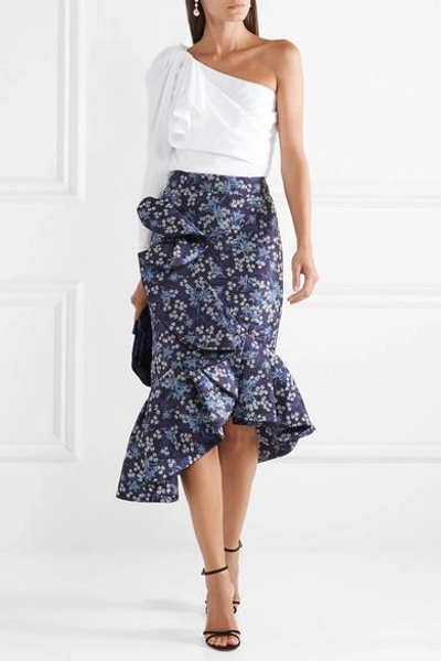 Shop Johanna Ortiz Belladonna Ruffled Floral-jacquard Skirt In Blue