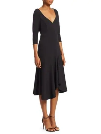 Shop Halston Heritage Quarter-sleeve Wide V-neck Flounce Dress In Black