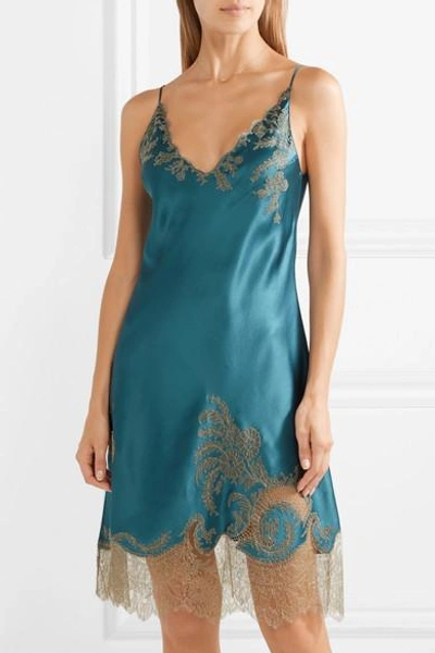 Shop Carine Gilson Chantilly Lace-trimmed Silk-satin Chemise In Petrol