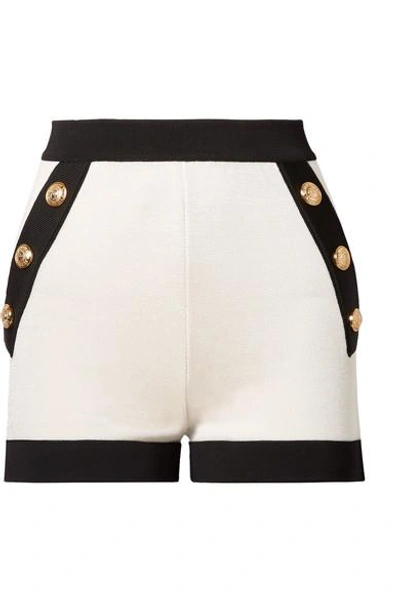 Shop Balmain Button-embellished Two-tone Stretch-knit Shorts In White