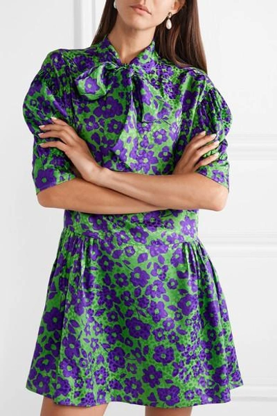 Shop Miu Miu Pussy-bow Silk-jacquard Mini Dress In Green