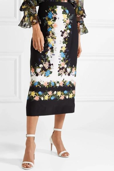 Shop Erdem Maira Floral-print Silk-crepe Midi Skirt In Black