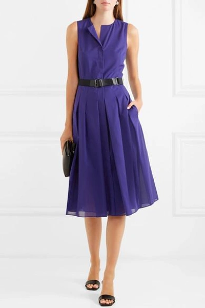 Shop Akris Belted Pleated Cotton-voile Midi Dress In Blue