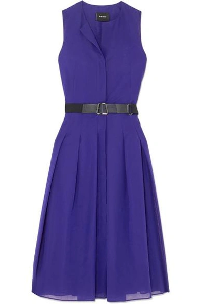 Shop Akris Belted Pleated Cotton-voile Midi Dress In Blue