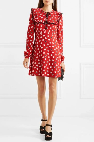 Shop Miu Miu Floral-print Stretch-crepe De Chine Mini Dress In Red