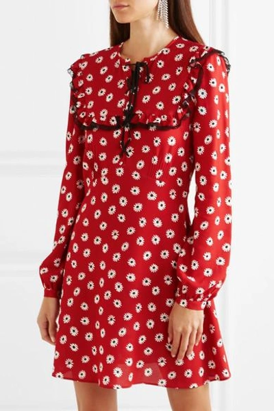 Shop Miu Miu Floral-print Stretch-crepe De Chine Mini Dress In Red